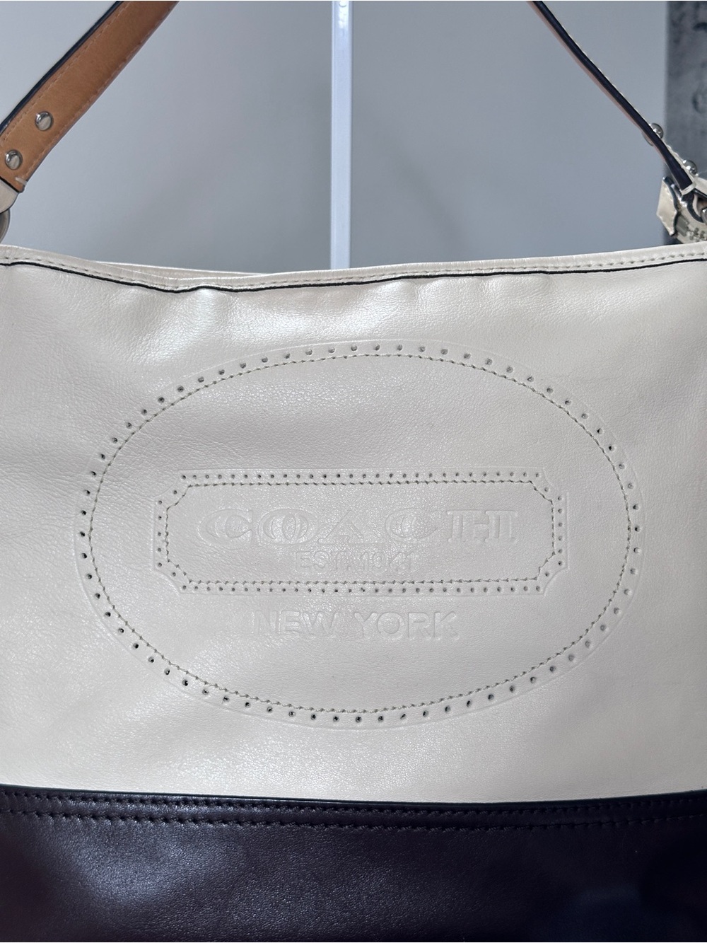 Coach Two-Tone Cream and Dark Brown Leather Shoulder Bag with Tan Strap - Picture 16 of 16